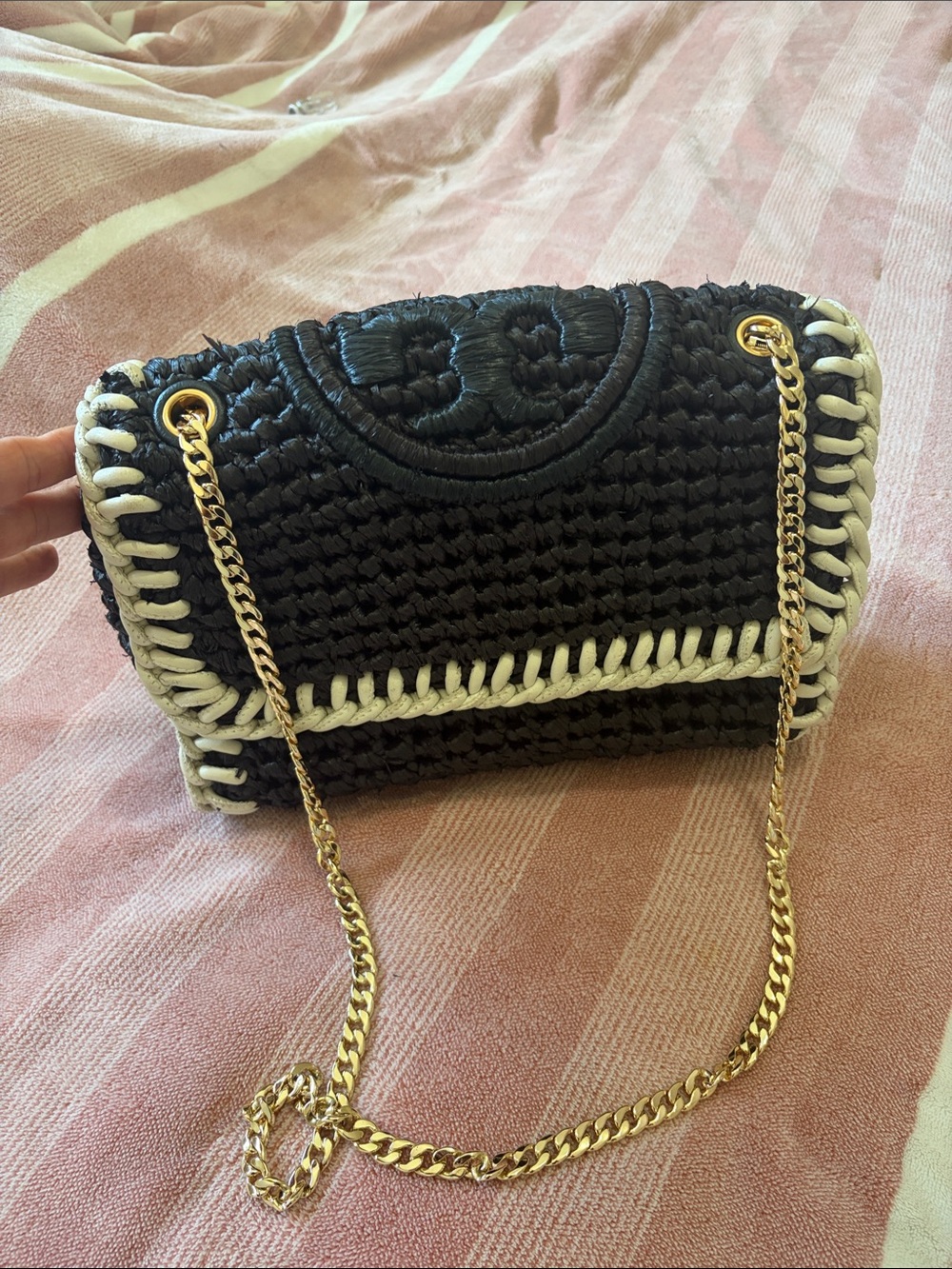 Tory Burch Black Woven Shoulder Bag with White Trim and Gold Chain Strap